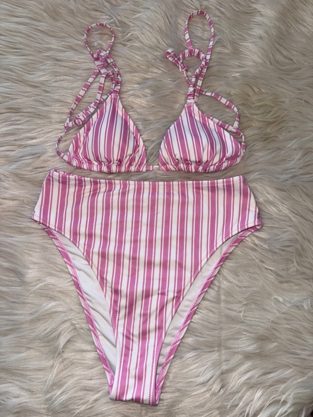 VS PINK Pink & White  Candy Striped Triangle Bikini High Waist  Small Coquette